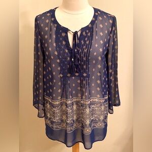 Black Rainn Blue Orange Geometric Long Sleeve Pin-tucked Semi Sheer Top Size S